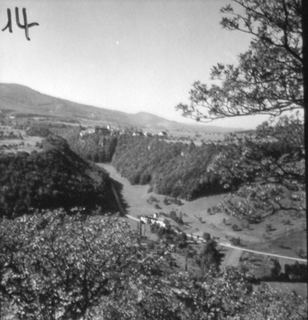 Vorschau: B - 189,  Flüh 18738, Flüh vom Chöpfli aus mit Mühle hinter Bäumen und Fabrik, 1942